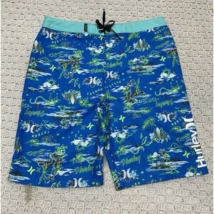 Hurley Swim Short Boys Youth Sz 20/30 Swimsuit Board Shorts Neptune Blue Hawaian